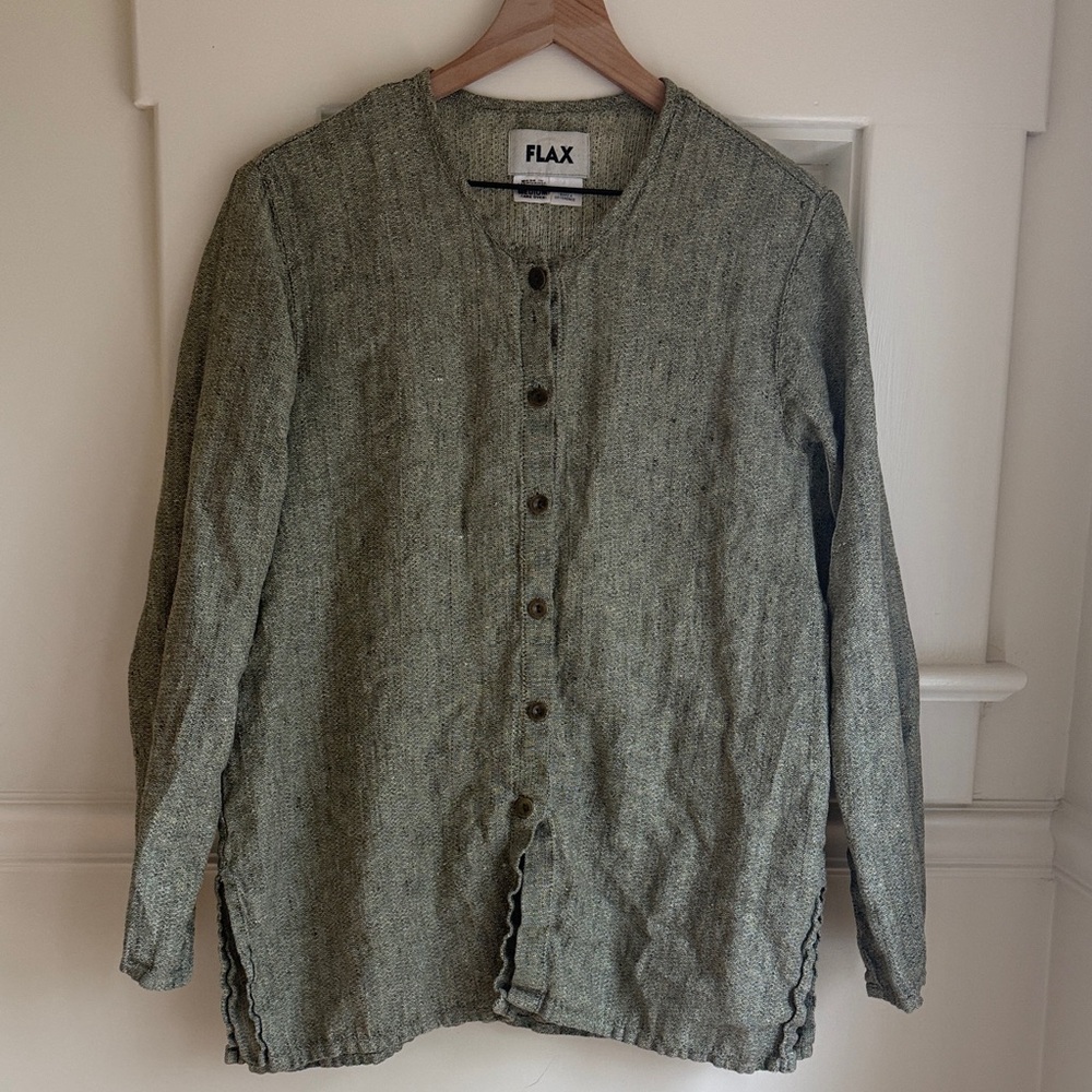 FLAX Green Linen Button-Front lagenlook shirt small